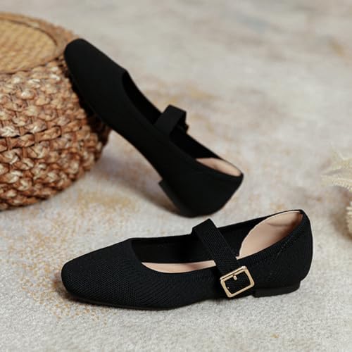 Mary Jane Shoes Women Ballet Flats with Arch Support, Flats for Women Square Toe Comfortable Knit Flats with Ankle Strap, Washable Casual Office Shoes3