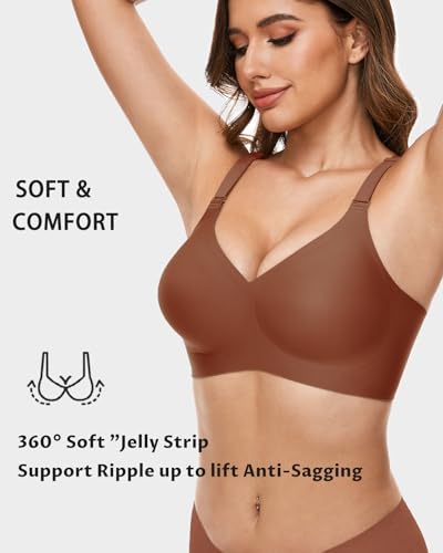 Image of V Neck Wireless Bras for Women No Underwire Lightly Lift Womens Bras Soft Comfort Seamless Bralettes Coffee,S