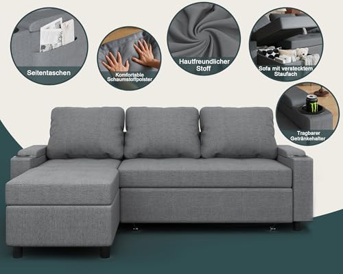 JUMMICO Schlafsofa mit Bettkasten L Form Sofa mit Schlaffunktion 3 Sitzer Couch klein Ecksofa Schlafcouch Ausziehbar Wohnlandschaft für Wohnung und Wohnzimmer Hellgrau