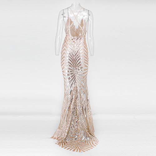 Ohvera Women's Spaghetti Strap Sequined V Neck Party Cocktail Evening Prom Gown Mermaid Maxi Long Dress Gold Medium - Thumbnail 4