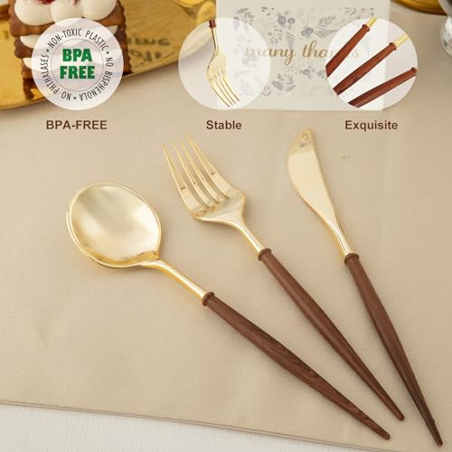 N9R 90Pcs Gold Plastic Silverware Heavy Duty, Elegant Disposable Plastic Silverware with Wood Grain Handle, Gold Plastic Cutlery Set Include 30 Forks, 30 Spoons, 30 Knives Perfect for Wedding, Party - Thumbnail 4