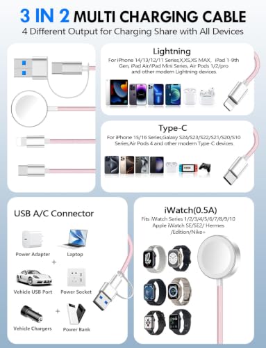 Image of 2Pack Travel Essentials for Apple Watch Charger,3-in-2 Multi Charging Cable | Cruise Vacation Camping Essentials for iPhone Charger,Type C /Lightning for iWatch,iPhone 17-12,Xbox Series X&S-5FT Pink