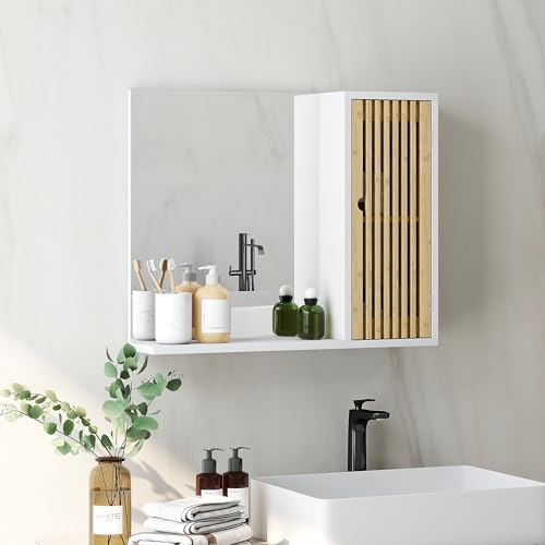 HOMCOM Armoire de Salle de Bain avec Miroir, Miroir de Salle de Bain avec étagère, Porte à Lattes...
