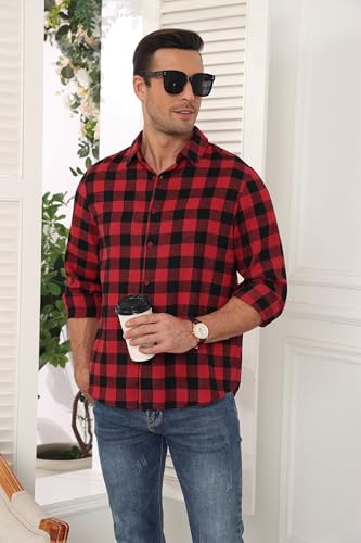 QUEZHU Flanellhemd Herren Kariertes Hemd Langarm Herren Kariert Freizeithemd Button Down Casual Western Regular Fit Rot L