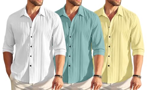 Image of FINIVO FASHION Combo of Men's Casual Cotton Plain Button Down Shirt Long Sleeve Textured Summer Beach Shirt for Men Pack of 3