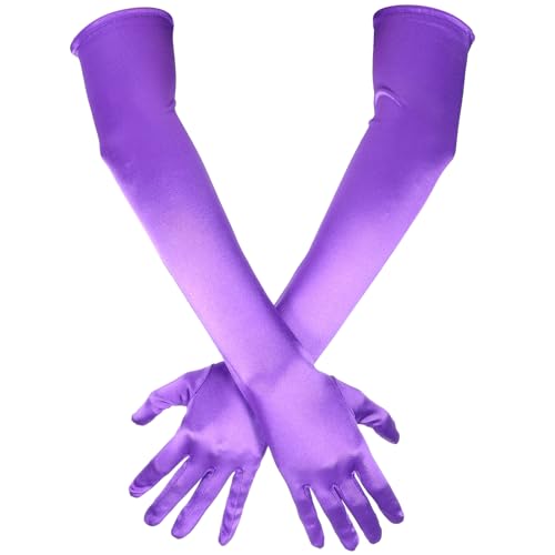 Photo de QfwdfcTrenz Lot de 2 gants longs en satin, pour femme, longueur : 56 cm, gants de soirée, pour opéra, mariage, fête, violet, lilas, lang