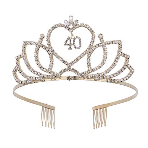 Lurrose Couronne danniversaire de 40 Ans en Cristal Accessoire Cheveux Anniversaire Chapeau de Couronne Joyeux anniversaire avec Strass (Doré) Cover