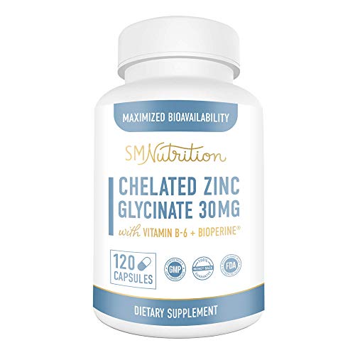 Zinc Glycinate Chelate Supplement 30mg - TRAACS Chelated Zinc Plus Vitamin B6 and BioPerine (120 Capsules) - Immune Support, Prostate Health, Acne, Reproductive Health & Metabolism