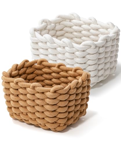 Storage Baskets 2 Pack for Home Organizing, Macrame Woven Decorative Basket for Cosmetics, Makeup, Toys, Closet, Living Room Bedroom Decor, 7x5.5x5", White and White (White & Khaki)