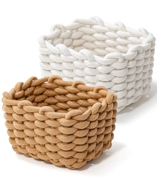 Storage Baskets 2 Pack for Home Organizing, Macrame Woven Decorative Basket for Cosmetics, Makeup, Toys, Closet, Living Room Bedroom Decor, 7x5.5x5, White and White (White & Khaki)