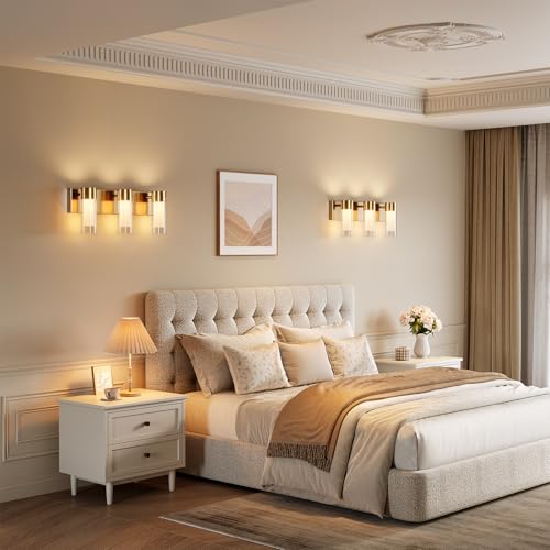 Image of Tribesigns LED Bathroom Light Fixtures, 3-Light Vanity Lights Over Mirror, Wall Lights with 3 Color Modes & Gold Finish, Wall Sconces with Clear Glass Shades for Bathroom Hallway Bedroom