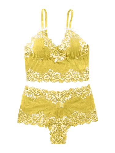 Image of Lilosy Sexy Lingerie for Women Lace Pajamas Set Cami Bra and Panty High Waist Sheer Sleepwear 2 Piece 2XS-6XL