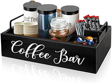 Coffee Station Organizer Wooden Coffee Bar Holder Accessories for Countertop, Farmhouse Kcup Pod Storage Basket with Handle - Black