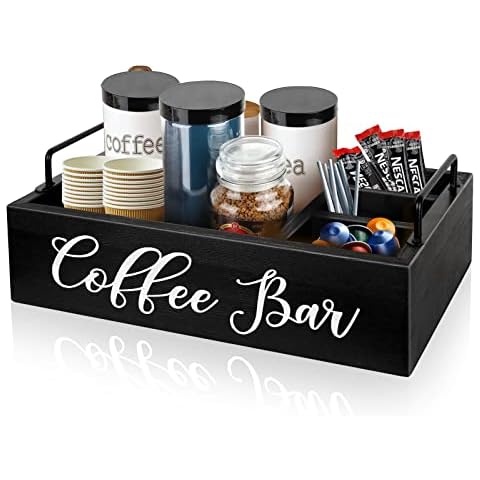 Coffee Station Organizer Wooden Coffee Bar Organizer for Countertop, Coffee Bar Accessories Organizer Farmhouse Kcup Coffee Pod Holder Storage Basket with Handle - Black Cover