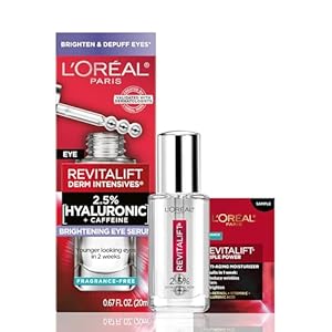 L’Oreal Paris Revitalift Hyaluronic Acid + Caffeine Hydrating Eye Serum for Dark Circles, Fragrance Free .67 fl. oz + Moisturizer Sample
