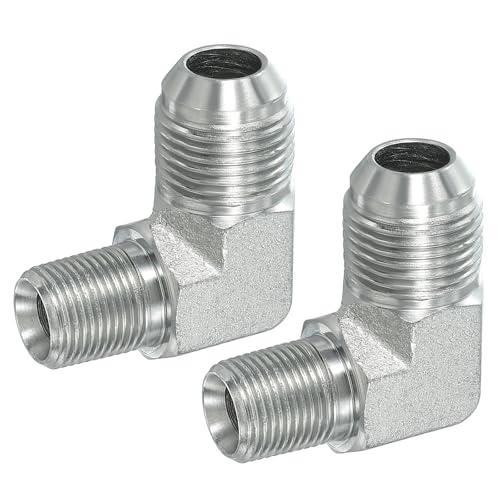 Image of PATIKIL 90 Degree Pipe Adapter, 2 Pcs 7 /8 inch Male 37 Flare JIC x 3 /8 inch BSPT Male Connector Carbon Steel Elbow Fitting for Air Hydraulic Fluid Fuel Water Oil, Silver