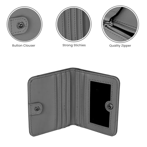 Image of Storite Women RFID Blocking Wallet - 8 Slot | PU Leather Card Holder | Slim Mini Purse with 6 Card Slots, ID Window, Cash Pocket | Button Closure | Compact & Lightweight (Grey - 10.4 x 9 x 2 cm)