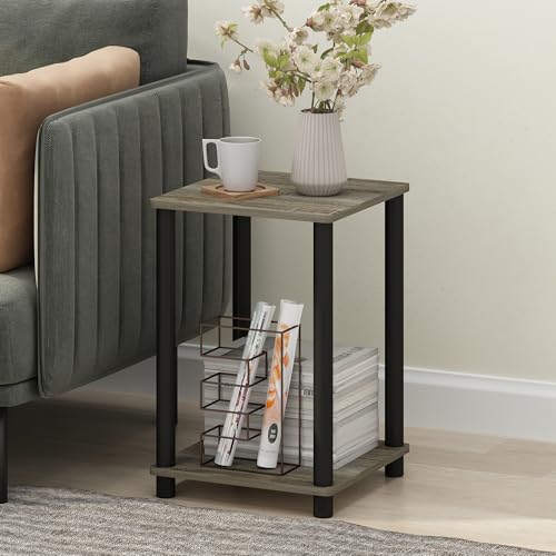 Image of Furinno Modern Grey Side Table, 2-Tier Square Top End Table with Open Shelf, Toolless Night Stand, Bedside Table, for Living Room, Bedroom, Grey Oak
