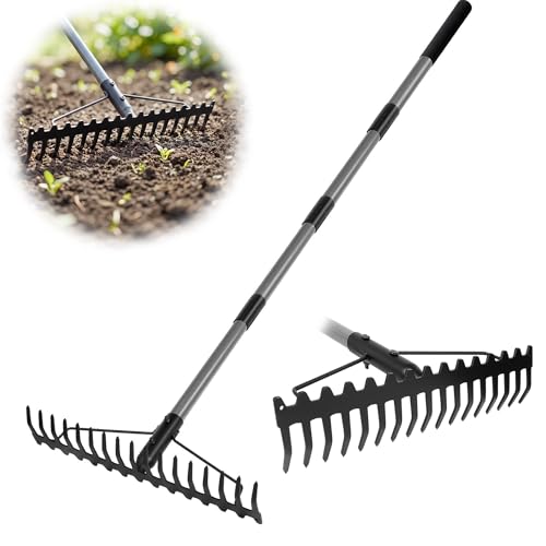 Walensee Heavy Duty Dual-Sided Bow Rake, 63' Stainless Steel Handle, Heat-Treated Manganese Steel Head, 17 Steel Tines Metal Garden Rake for Soil Loosening, Yard Leveling, Lawn Care and Thatch Removal
