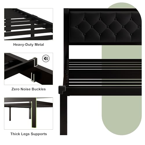 Image of Feonase Twin Size Metal Bed Frame with Faux Leather Button Tufted Headboard, Heavy-Duty Platform Bed Frame with 12 inch Storage, Steel Slats Support, No Box Spring Needed, Noise Free, Matte Black