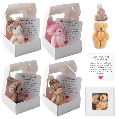 TOGETDREAM 4 Piezas Osito En Caja, Mini Osito de Peluche Hecho a Mano en Caja con Tarjeta Inspiradora Mini de Peluche de Bolsillo Pequeño Abrazo De Bolsillo para Regalos peluchen