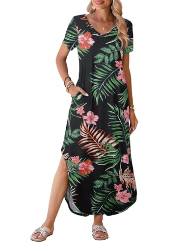 Image of BELAROI Plus Size Maxi Dress for Women Summer Casual V Neck Short Sleeve Long Dress with Pockets Beach Vacation Cover Up
