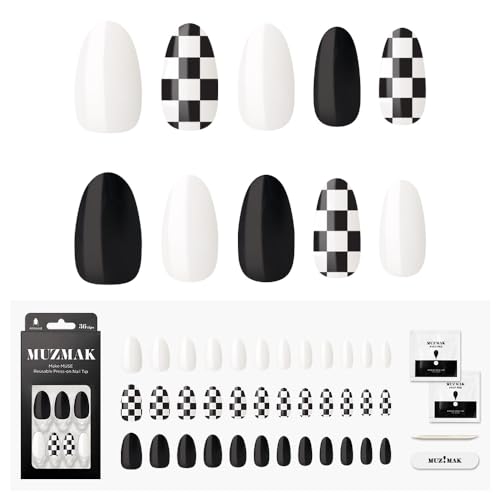 MUZMAK Christmas Reusable Press On Nails - Chess Black - Long Almond Press On Nails, Checkered White & Black Fake Nails with Design (Pack of 36)