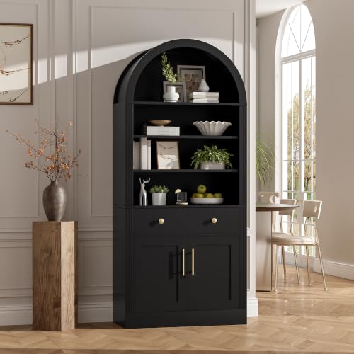 Image of Farmhouse Arched Bookshelf with Storage Cabinet(Black Style3) | Tall Display Bookcase with Drawer Doors&Adjustable Shelves, Freestanding Kitchen Pantry Cabinet for Living Room, Home Office