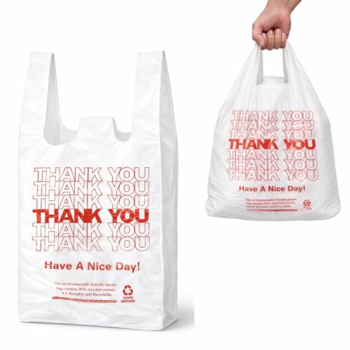 Image of YoYoRain 200 Count White Thank You T-Shirt Bags, 11 x 6 x 21 in | Durable HDPE with handles, Thank You print, disposable carryout sacks for grocery, retail and takeout