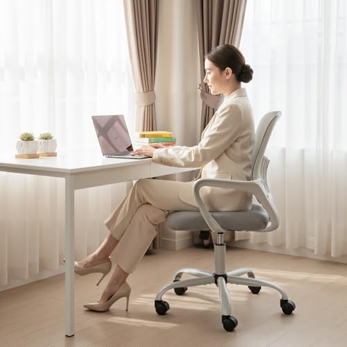 Image of DUMOS Office Desk Chair, Ergonomic Lumbar Support, Home Office | Height Adjustable, Fixed Armrest, Rocking Mode, 360 Swivel, Conference Room, Grey