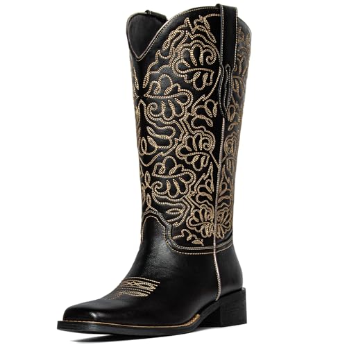 Image of Western Cowboy Boots for Women Knee High Cowgirl Boots with Classic Embroidered, Pointed Toe Chunky Heel Fashion Retro Classic Pull On Tall Boot Women Fall Winter