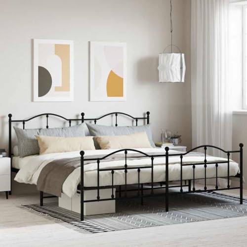 Estructura de Cama con Cabecero y Piecero, Metal Negro, Diseño Robustocon Almacenamiento, Cama Matrimonial Ideal para Dormitorio Principal o Habitación de Invitados, Color Negro, 200x200 cm