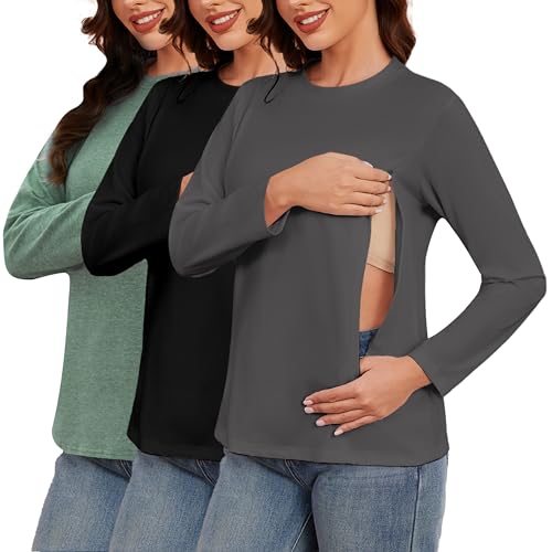Love2Mi 3er Pack Damen Langarm Stillshirt mit Reißverschluss Umstandsmode zum Stillen T-Shirts fur Schwangere