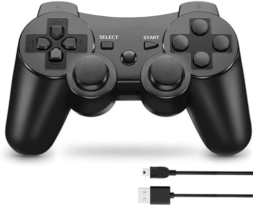 MUZELI Mando para PS3, Mando Inalámbrico para PS3 Wireless Controlador con Doble Vibración, Gyro Axis, Mando para PS3 Gamepad Joystick con cable de carga(Negro)