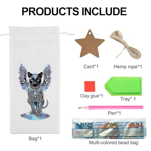 Image of 5D Diamond Painting Wine Bag, DIY Diamond Art Gift Pouch, Handmade Linen Wine Bottle Holder, Black Panther with Wings Design Decorative Champagne Wrapping for Holiday Party and Festive Gifts