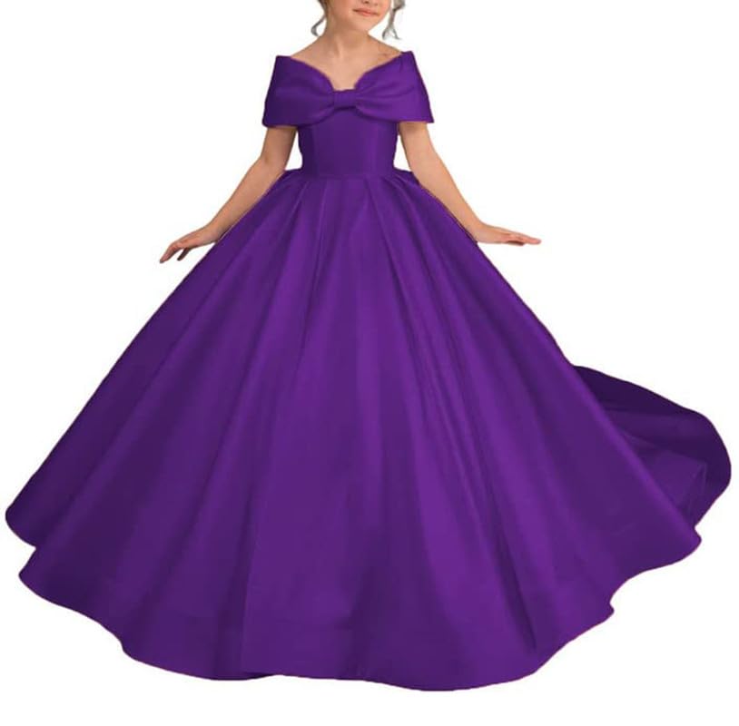 Satin Flower Girl Dress Off Shoulder First Communion Dress Long Ball Gown Dress for Girls with Bow