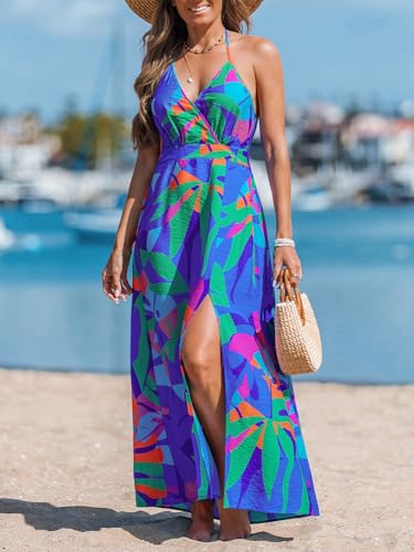 Image of CUPSHE Women Halter Backless Summer Dresses Spaghetti Strap Side Slit Casual Beach Sundress Holiday Vacation Maxi Dress