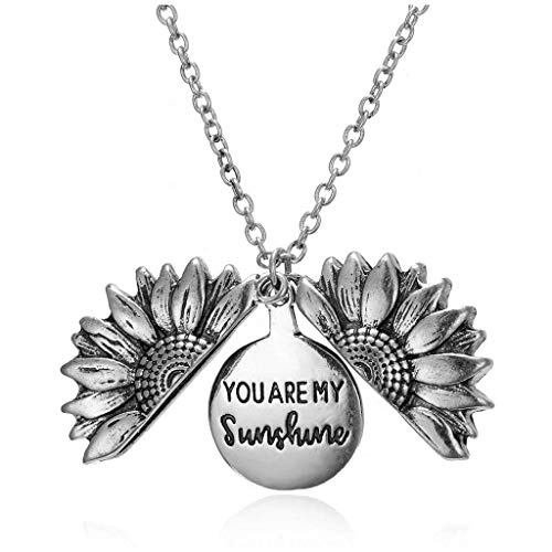 Iwinna Sunflower Locket Necklace, You Are My Sunshine Engraved Pendant Necklace for Women Girls with Nice Gift Box, Chain 45cm (Silver) Cover
