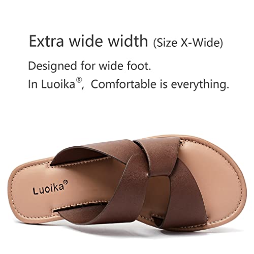 Image of Luoika Women's Wide Width Flat Slides Sandals, Strapy Slide Sandal Slip on Dressy Summer Shoes for Women.