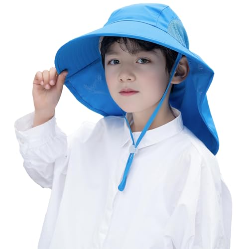 Image of Rosoz Kids Sun Hat with Neck Flap UV Protection Summer Toddler Beach Hat Unisex Ponytail Hat Wide Brim Fishing Hat