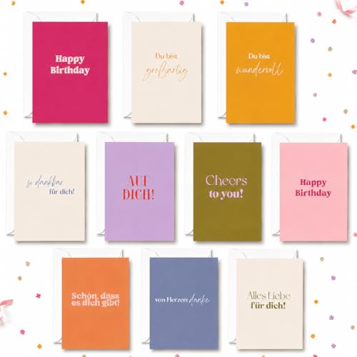 PN Kartenwerk 10er Set Geburtstagskarten mit Briefumschlägen schlicht - Glückwunschkarte | Happy Birthday Karte | Karten Geburtstag | Birthday Card | Geburtstagskarte für Männer & Frauen Set