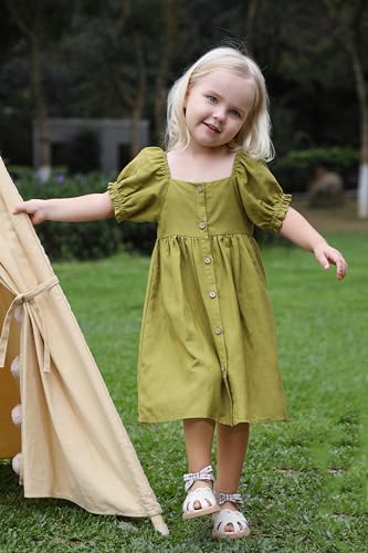 Linen Dress Girl Ruffles Short Puff Sleeve Vintage Toddler Princess Dress Front Wood Buttons Casual Dress for Girls2