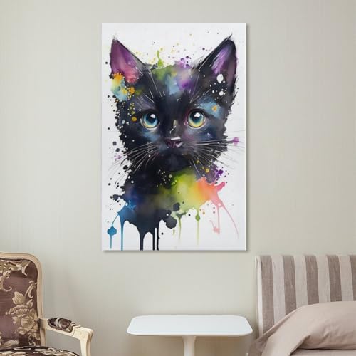 Poster aquarelle de chaton noir toile décoration murale salon 40x60