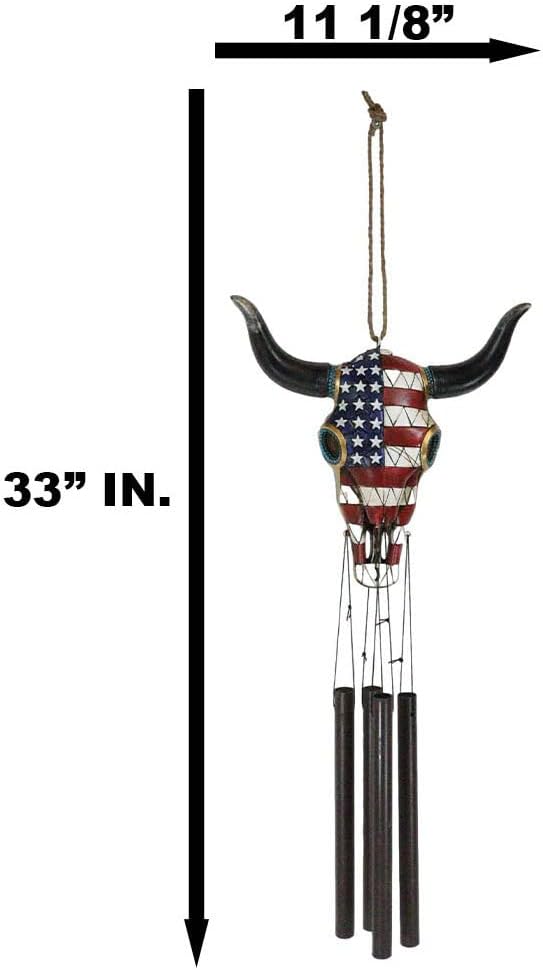 Ebros Gift Large Rustic Western Patriotic Tribal Bison Bull Cow Skull with US American Flag and Turquoise Beads Decorative Wind Chime Garden Patio As Wildlife Hanging Mobile Figurine
