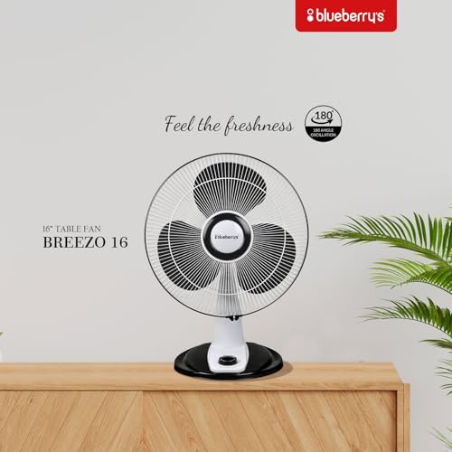 Image of Blueberry's BREEZO 50 Watts 16 inch 400mm Table Fan 1300 RPM | 2 Years Warranty | Made in India | 180 Oscillation (White-Black)
