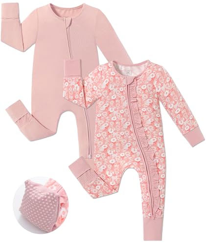 Image of JunNeng Baby Girl Viscose from Bamboo Sleeper with Mitten Cuffs, 2 Way Zipper Romper, Sleep N' Play Pajamas 0-18 Months