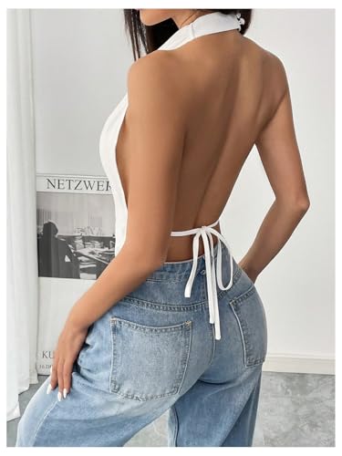 MakeMeChic Women's Halter Tops Open Back Sleeveless Satin Dinner Tops Tie Backless Fall Shirts2