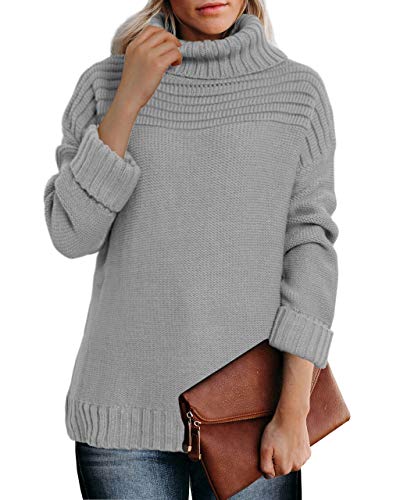 Ybenlow Womens Turtleneck Oversized Sweaters Batwing Long Sleeve Casual Chunky Loose Pullover Knit Jumper Tops Grey