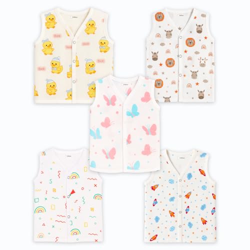 Image of Kidbea Muslin Cotton Baby Jabla for Boys & Girls | Cute Printed Soft V-Neck, Sleeveless Baby Jhabla Vest for Newborns & Infants