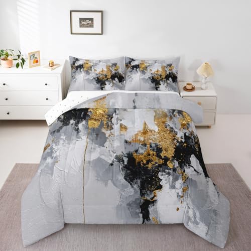 Homemissing Juego de edredón dorado, negro y gris, tamaño doble, juego de ropa de cama geométrica abstracta para niños y niñas, edredón de arte moderno, decoración de dormitorio, 3 piezas con 2 fundas